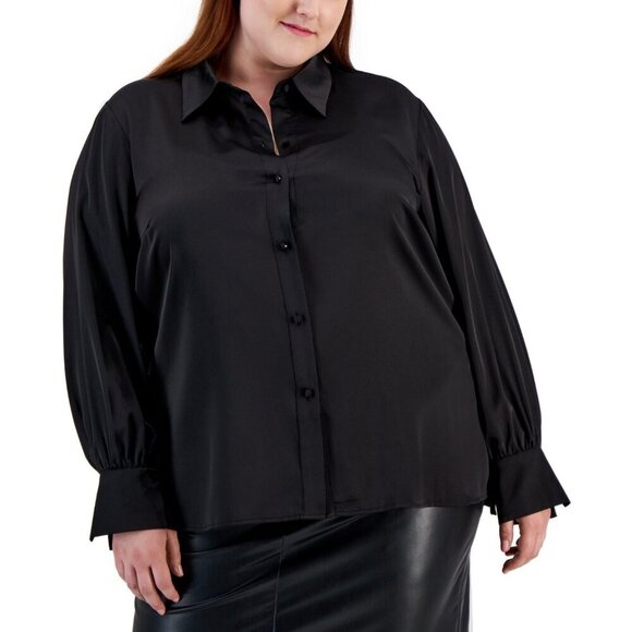 Bar III Womens Plus Size 1X Satin Long-Sleeve Button-Front Shirt Black $79 1835 - Picture 1 of 7